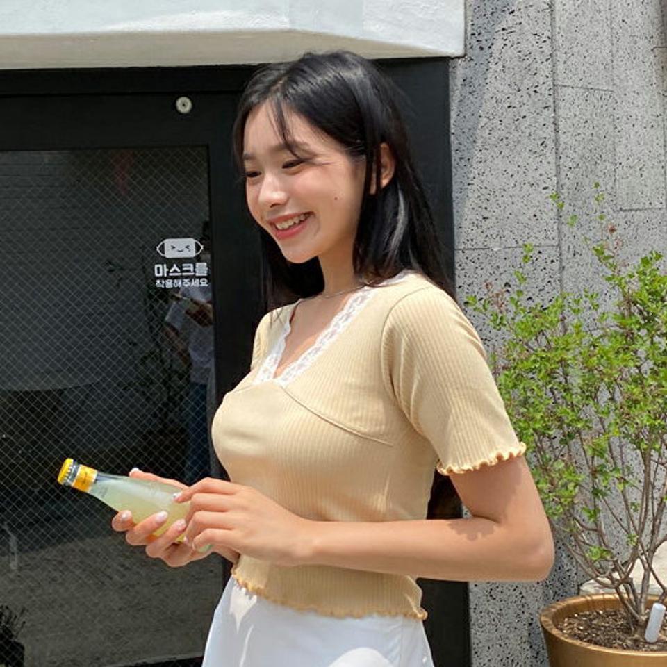 VネックレースリブTシャツ・全4色・t64495 レディース 【tops】 トップス Tシャツ 半袖 レース Vネック ガーリー リブ 可愛い かわいい ウェーブ 春 夏 韓国 ファッション NIJU