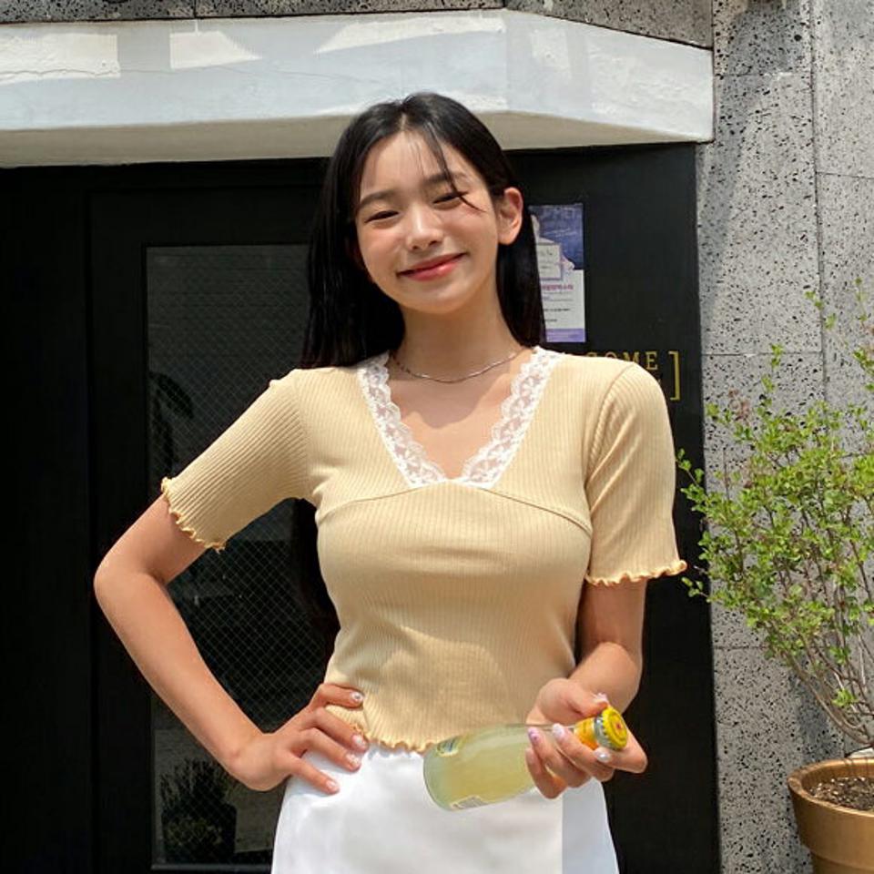VネックレースリブTシャツ・全4色・t64495 レディース 【tops】 トップス Tシャツ 半袖 レース Vネック ガーリー リブ 可愛い かわいい ウェーブ 春 夏 韓国 ファッション NIJU