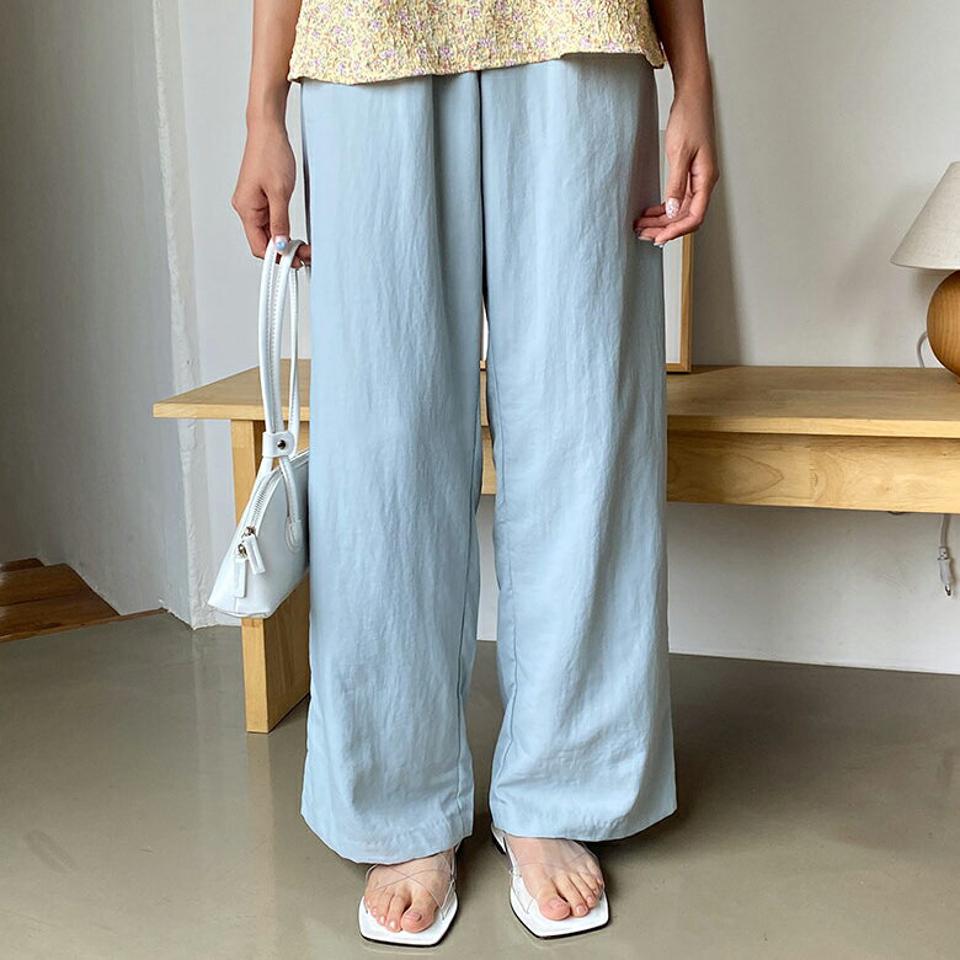 ナイロンウエストゴムパンツ・全4色・t64502 レディース 【pt】 パンツ ズボン ロングパンツ ナイロン ウエストゴム 単色 無地 シンプル ワイド ベーシック カジュアル ラフ 春 夏 秋 韓国 ファッション NIJU