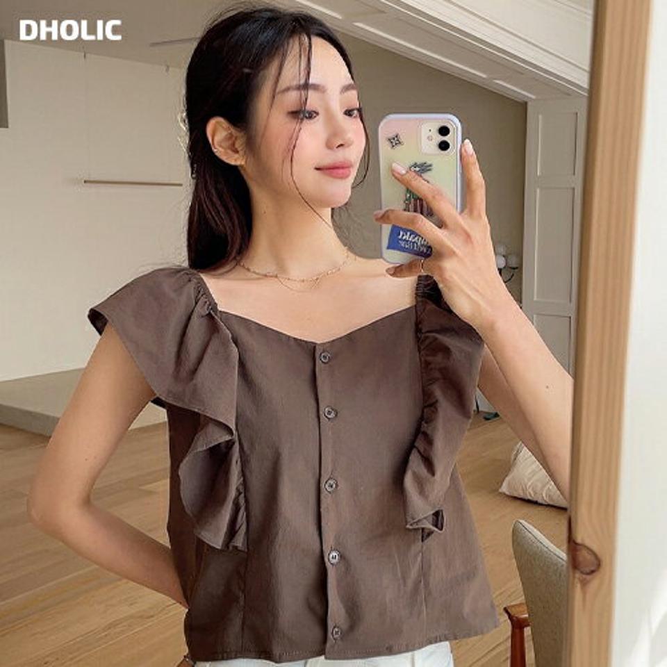 2WAYフリルブラウス・全3色・t62410 レディース 【bl】 トップス ブラウス フリル 前後着用自由 スクエアネック クロップド丈 単色 無地 シンプル ガーリー 可愛い かわいい 大人 春 夏 韓国 ファッション