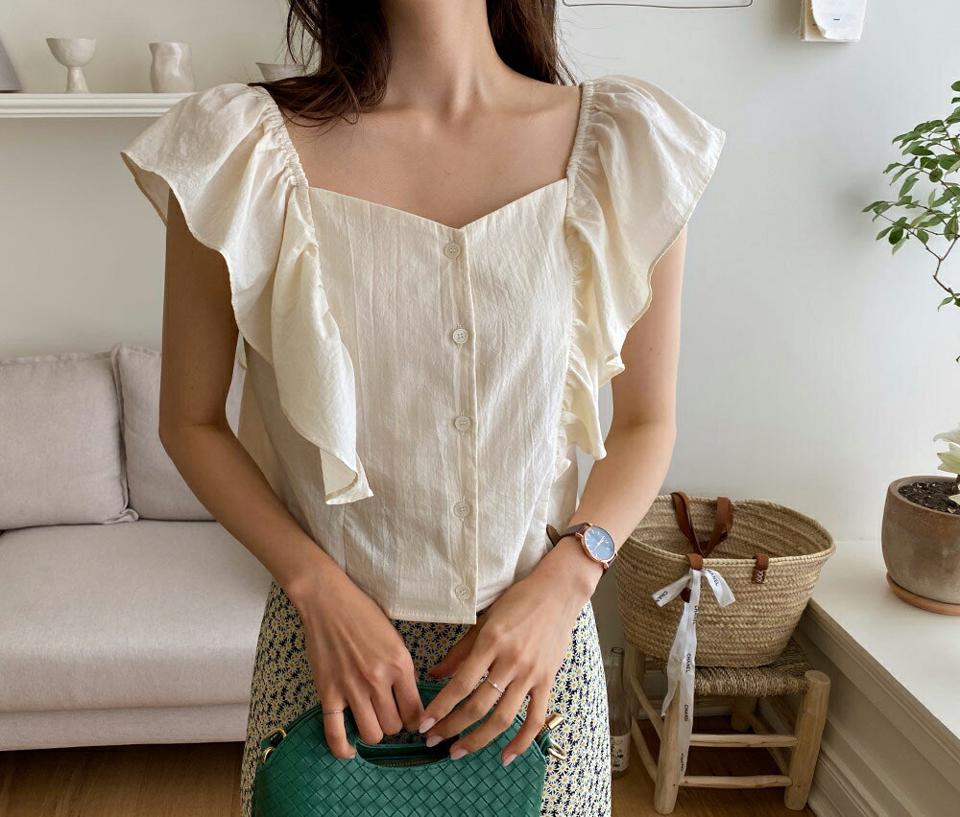 2WAYフリルブラウス・全3色・t62410 レディース 【bl】 トップス ブラウス フリル 前後着用自由 スクエアネック クロップド丈 単色 無地 シンプル ガーリー 可愛い かわいい 大人 春 夏 韓国 ファッション