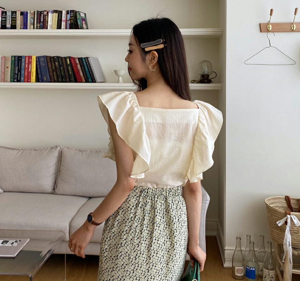 2WAYフリルブラウス・全3色・t62410 レディース 【bl】 トップス ブラウス フリル 前後着用自由 スクエアネック クロップド丈 単色 無地 シンプル ガーリー 可愛い かわいい 大人 春 夏 韓国 ファッション