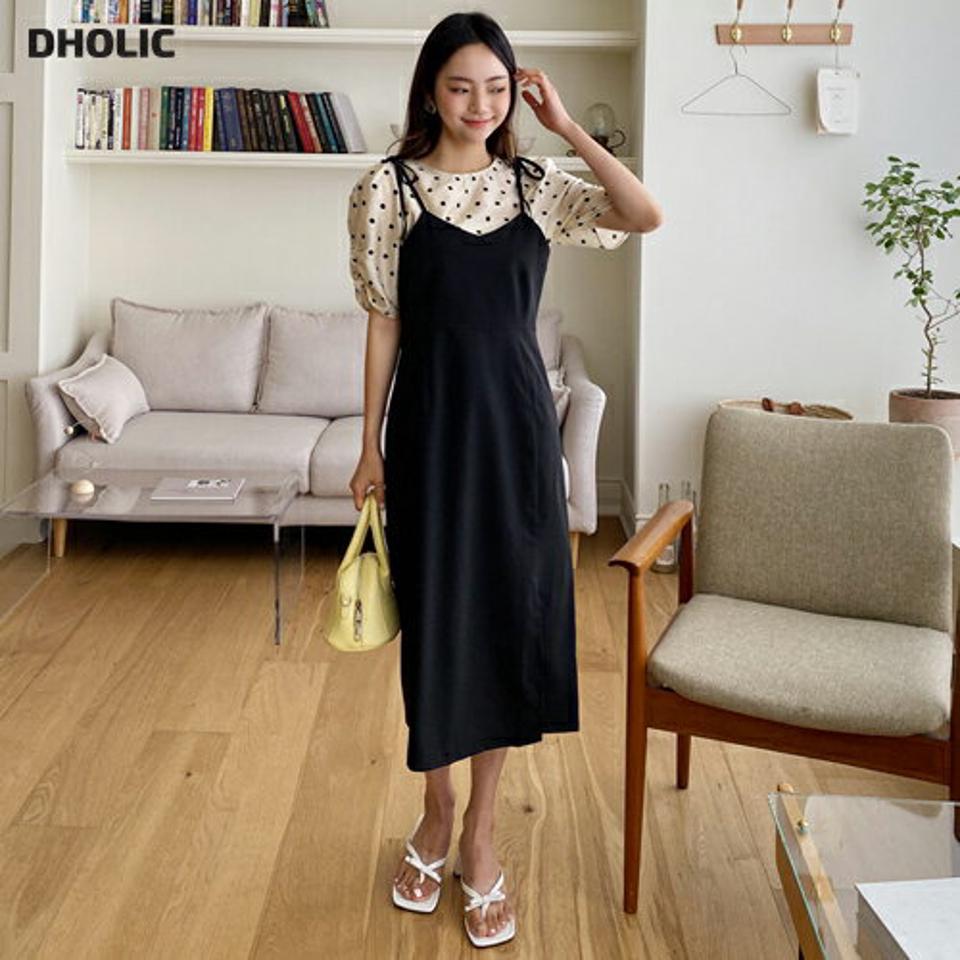 【10%OFF】≪人気商品再入荷≫ドットレイヤードワンピース・全1色・t62416 レディース 【ops】 ワンピース ロング丈 半袖 ハーフスリーブ ドット柄 レイヤード風 ガーリー 可愛い かわいい Aライン 春 夏 韓国ファッション セール SALE