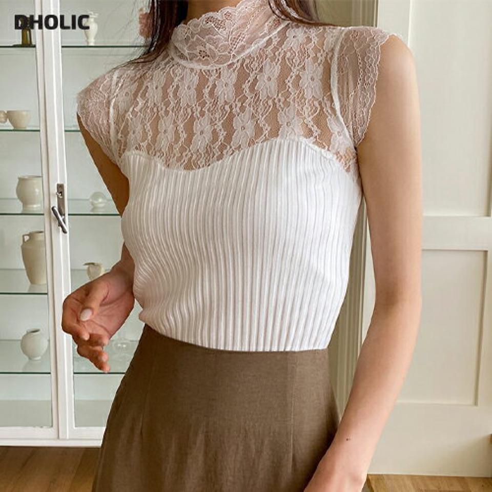 【新作10%OFF】レーススリーブレス・全2色・t62435 レディース 【tops】【トップス スリーブレス ノースリーブ レース 透け感 シアー シースルー ニット ハーフネック 上品 大人 きれいめ 春 夏 韓国 ファッション】