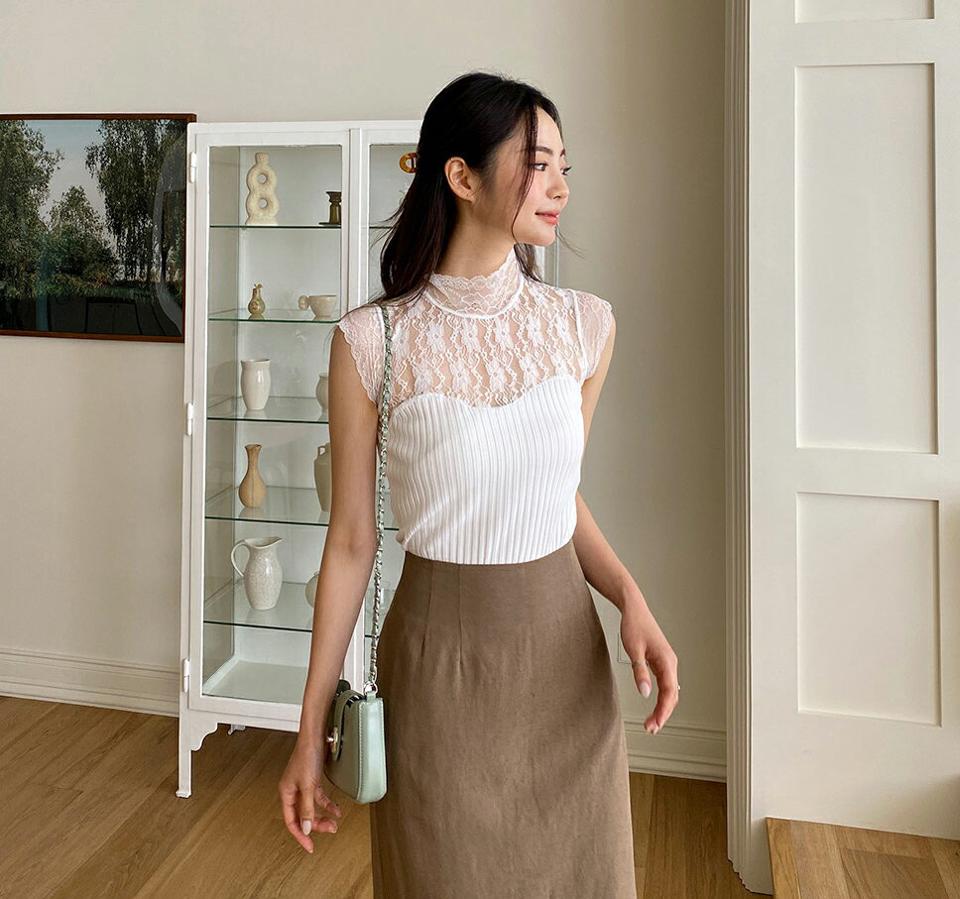 【新作10%OFF】レーススリーブレス・全2色・t62435 レディース 【tops】【トップス スリーブレス ノースリーブ レース 透け感 シアー シースルー ニット ハーフネック 上品 大人 きれいめ 春 夏 韓国 ファッション】