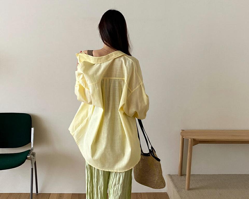 リネン混ルーズフィットシャツ・全5色・a62414 レディース 【bl】 トップス シャツ 長袖 ルーズ ゆったり リネン 単色 無地 シンプル カジュアル ベーシック 大人 パステル 爽やか 水色 春 夏 韓国 ファッション