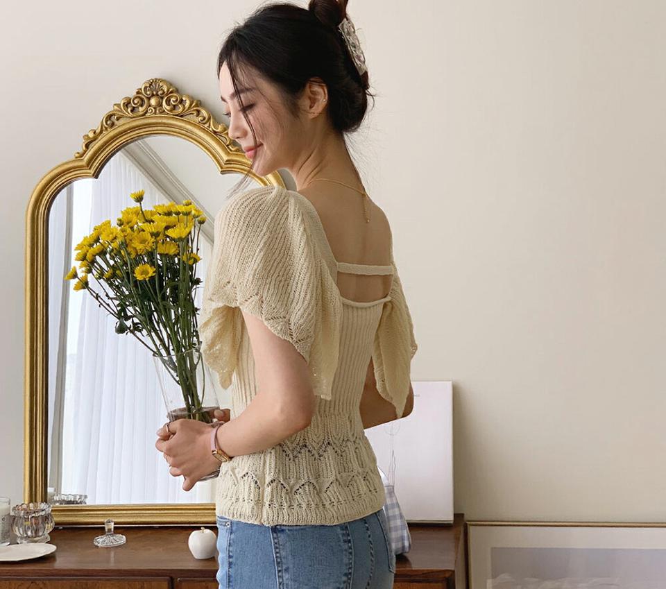 【新作10%OFF】ラッフルスリーブニット・全4色・b62413 レディース 【tops】【トップス ニット 半袖 ハーフスリーブ ラッフル ガーリー デコルテ 鎖骨 可愛い かわいい 春 夏 韓国 ファッション】