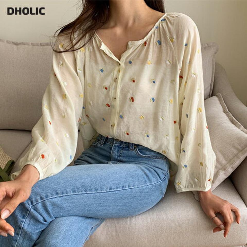 刺繍ラグランスリーブブラウス・全2色・b62412 レディース 【bl】 トップス ブラウス ラグランスリーブ 刺繍 カラフル 可愛い かわいい ユニーク 長袖 透け感 シアー 春 夏 秋 韓国ファッション