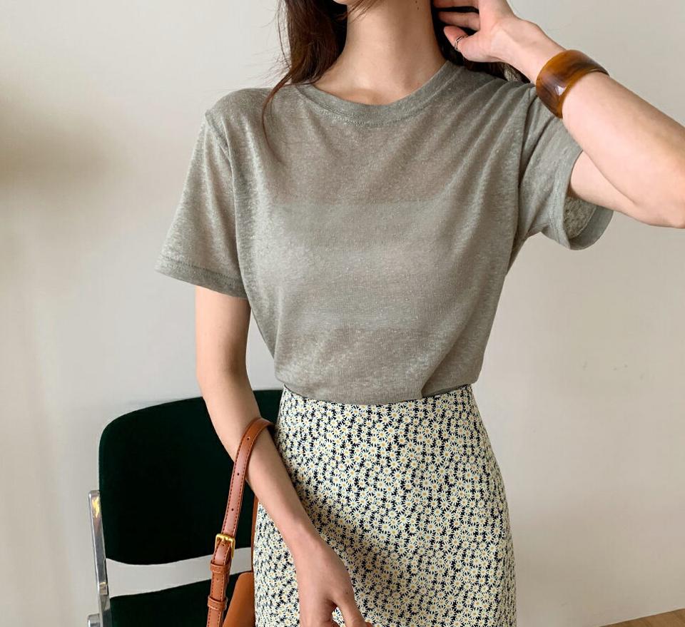 リネン混ラウンドTシャツ・全4色・t62437 レディース 【tops】 トップス Tシャツ 半袖 リネン ラウンドネック 単色 無地 シンプル ベーシック 大人 カジュアル 春 夏 韓国 ファッション