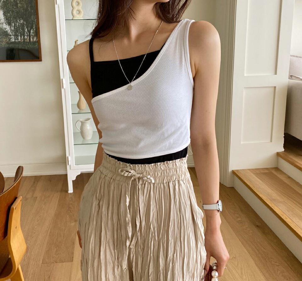 アシメスリーブレスSET・全2色・t62407 レディース 【tops】 トップス スリーブレス ノースリーブ アシメ アンバランス ユニーク カジュアル ラフ ワンショルダー かっこいい リブ 春 夏 韓国 ファッション