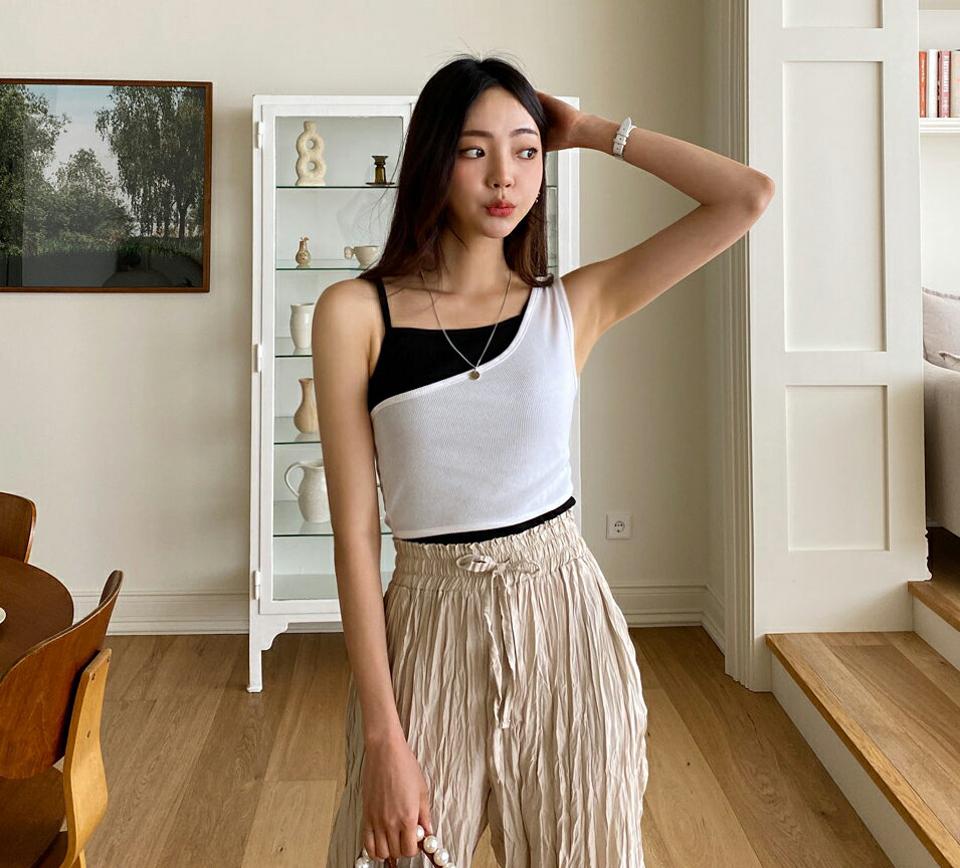 アシメスリーブレスSET・全2色・t62407 レディース 【tops】 トップス スリーブレス ノースリーブ アシメ アンバランス ユニーク カジュアル ラフ ワンショルダー かっこいい リブ 春 夏 韓国 ファッション