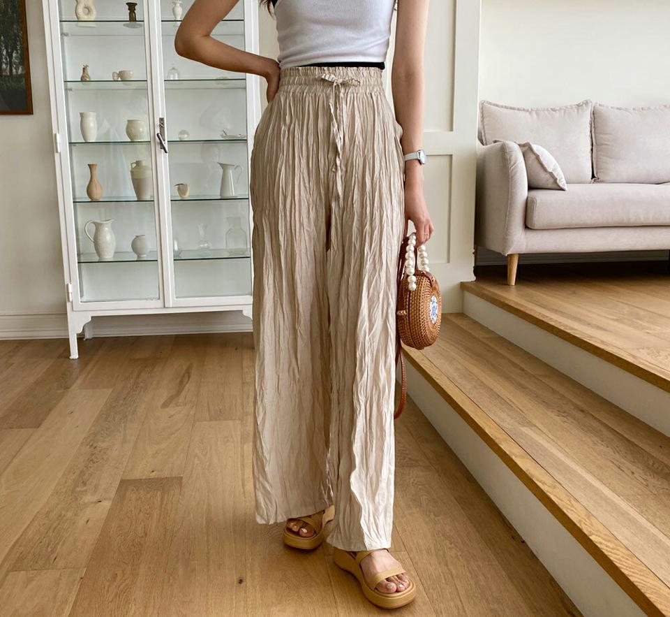 リネン混リンクルパンツ・全5色・t62425 レディース 【pt】 パンツ ズボン ロングパンツ リンクル リネン 単色 シンプル ウエストゴム ラフ カジュアル パステル 春 夏 韓国 ファッション
