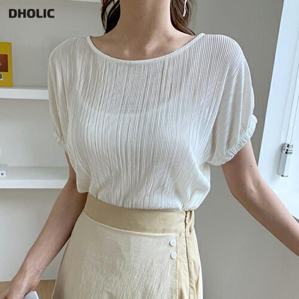 ラウンドプリーツ半袖Tシャツ・全4色・t69274 レディース 【tops】 トップス Tシャツ 半袖 ハーフスリーブ プリーツ 上品 透け感 シアー 大人 きれいめ 光沢 春 夏 韓国 ファッション ハイホリHIHOLLI