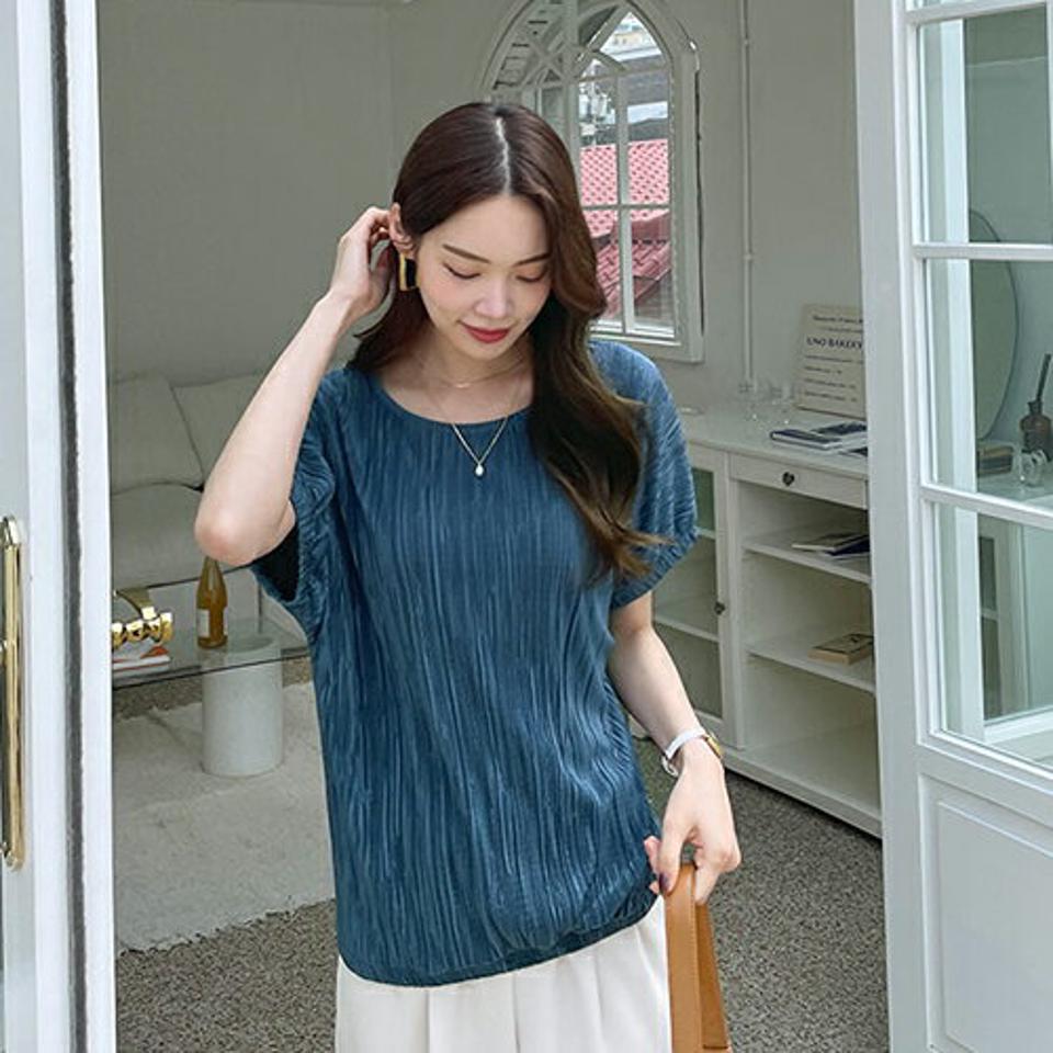 ラウンドプリーツ半袖Tシャツ・全4色・t69274 レディース 【tops】 トップス Tシャツ 半袖 ハーフスリーブ プリーツ 上品 透け感 シアー 大人 きれいめ 光沢 春 夏 韓国 ファッション ハイホリHIHOLLI