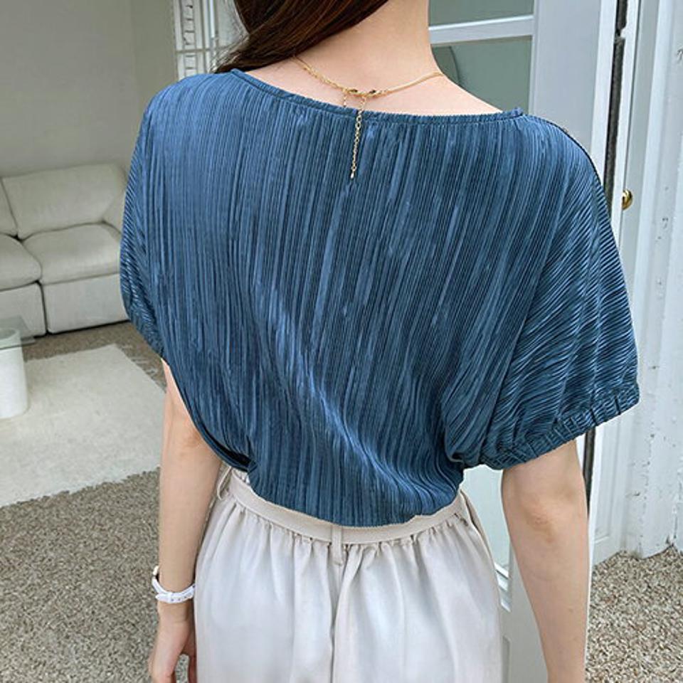 ラウンドプリーツ半袖Tシャツ・全4色・t69274 レディース 【tops】 トップス Tシャツ 半袖 ハーフスリーブ プリーツ 上品 透け感 シアー 大人 きれいめ 光沢 春 夏 韓国 ファッション ハイホリHIHOLLI