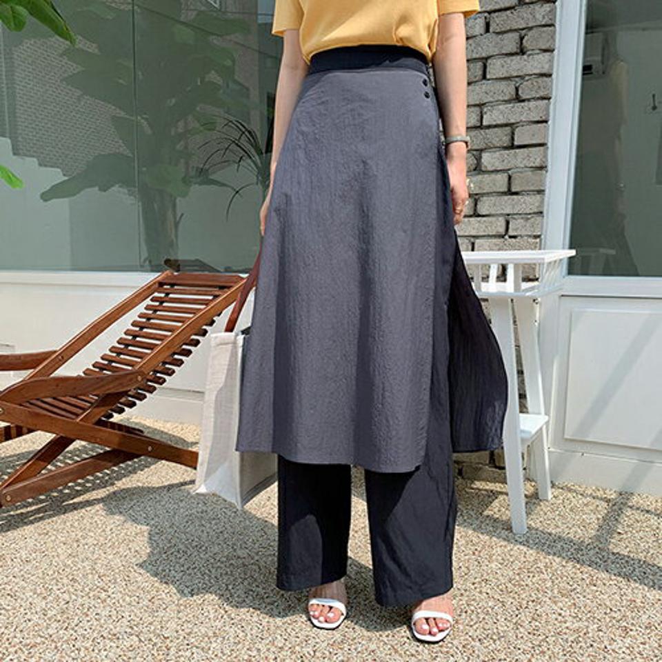 ボタンラップ風スカートパンツ・全2色・t69262 レディース 【pt】 スカートパンツ パンツ ズボン ロングパンツ ラップデザイン ラップパンツ 単色 ユニーク カジュアル 大人 春 夏 韓国 ファッション ハイホリHIHOLLI