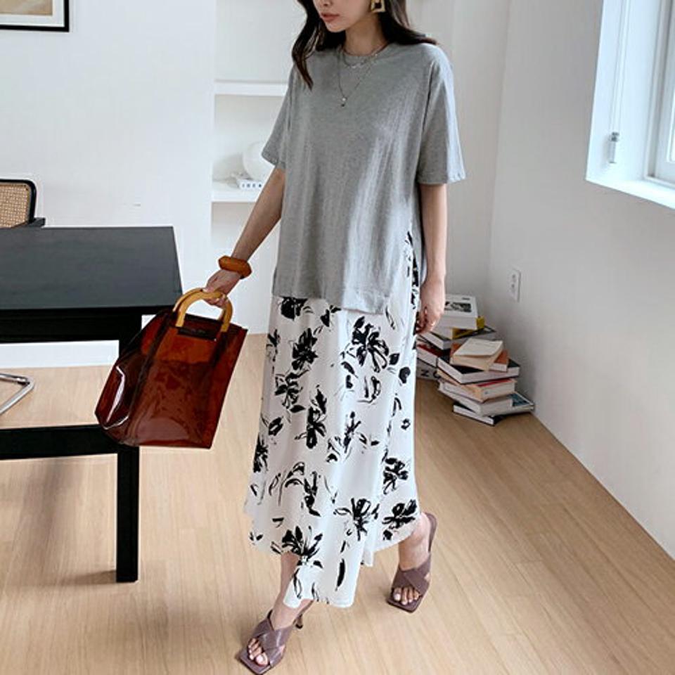花柄コントラストフレアワンピース・全3色・b69271 レディース 【ops】 ワンピース ロング 半袖 ハーフスリーブ 花柄 コントラスト フレア カジュアル 異素材 切替 アンバランス 大人 春 夏 韓国 ファッション ハイホリHIHOLLI