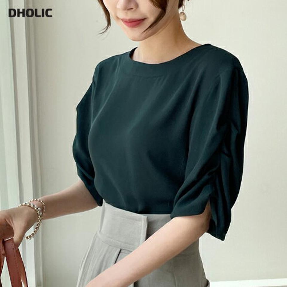 バックボタンポイントブラウス・全4色・b69275 レディース 【bl】 トップス ブラウス 半袖 ハーフスリーブ バックシャン 単色 無地 シンプル スリット 大人 春 夏 韓国 ファッション ハイホリHIHOLLI