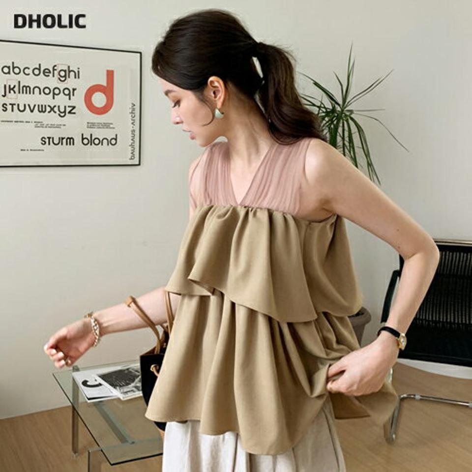 チュールショルダーラッフルスリーブレス・全2色・t69272 レディース 【tops】 トップス スリーブレス ノースリーブ チュール 透け感 シアー シースルー ラッフル フリル 可愛い かわいい 大人 春 夏 韓国 ファッション ハイホリHIHOLLI