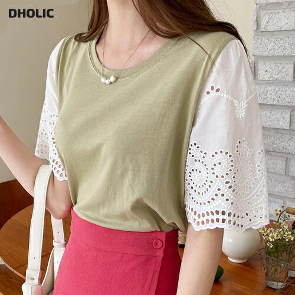 【新作10%OFF】配色レーススリーブTシャツ・全3色・b69278 レディース 【tops】【トップス Tシャツ 半袖 ハーフスリーブ レース 袖コンシャス ガーリー 可愛い かわいい アイレットレース 春 夏 韓国 ファッション】【ハイホリHIHOLLI】