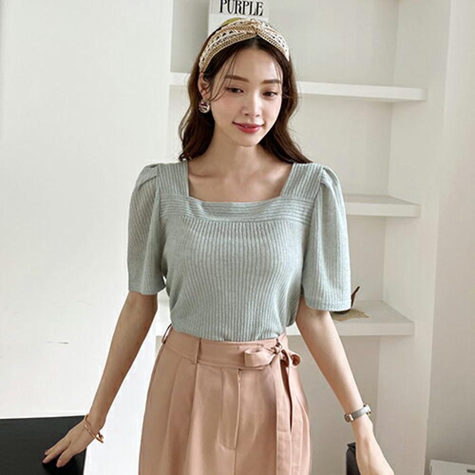 リブスクエアニット・全4色・t69264 レディース 【tops】 トップス ニット 半袖 ハーフスリーブ リブ スクエアネック かわいい 可愛い 大人 ボリューム袖 春 夏 韓国 ファッション ハイホリHIHOLLI
