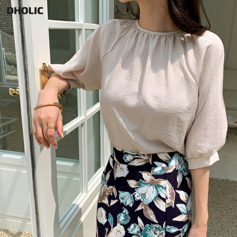 2WAYギャザーボタンブラウス・全3色・b69267 レディース 【bl】 トップス ブラウス 半袖 ハーフスリーブ ギャザー 前後着用自由 単色 大人 シンプル きれいめ 春 夏 韓国 ファッション ハイホリHIHOLLI