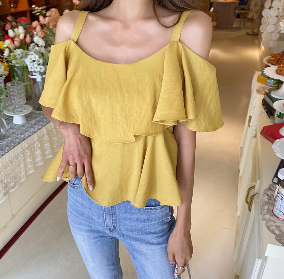 3WAYティアードスリーブレス・全4色・64242 レディース 【bl】 韓国 ファッション トップス ブラウス ラウンドネック オフショルダー デコルテ 肌見せ 肌出し 半袖 ハーフスリーブ フリルスリーブ フレアヘム Aライン 体型カバー 無地 着まわし カジュアル 夏