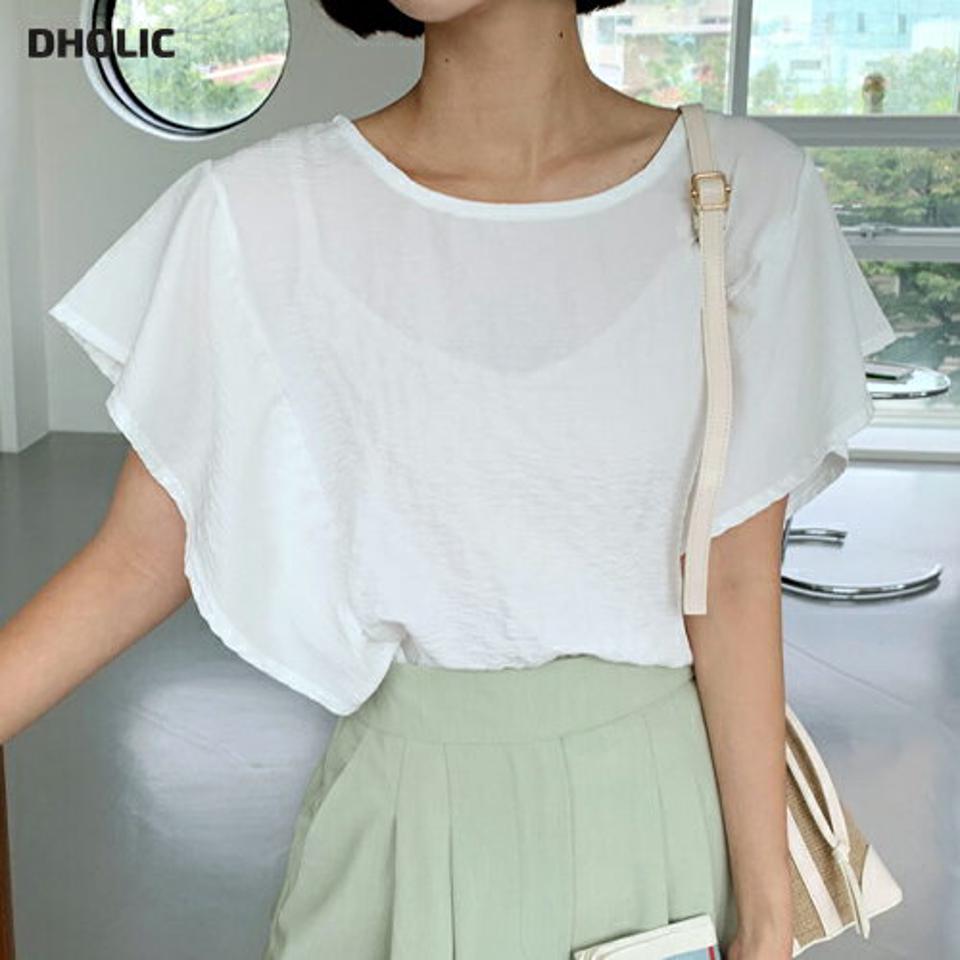 バックリボンフリルブラウス・全4色・b64243 レディース 【bl】 韓国 ファッション トップス ブラウス ラウンドネック クルーネック フリルスリーブ 半袖 ショートスリーブ 無地 体型カバー 二の腕カバー 無地 シアー カジュアル 夏