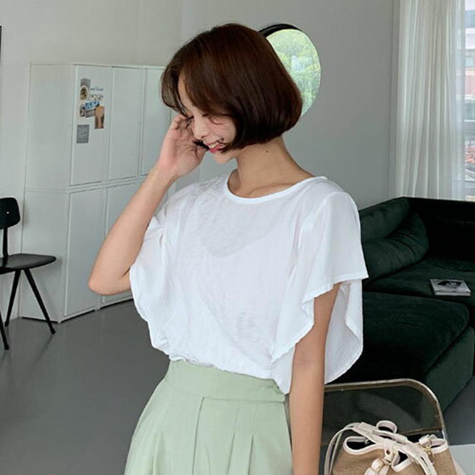 バックリボンフリルブラウス・全4色・b64243 レディース 【bl】 韓国 ファッション トップス ブラウス ラウンドネック クルーネック フリルスリーブ 半袖 ショートスリーブ 無地 体型カバー 二の腕カバー 無地 シアー カジュアル 夏