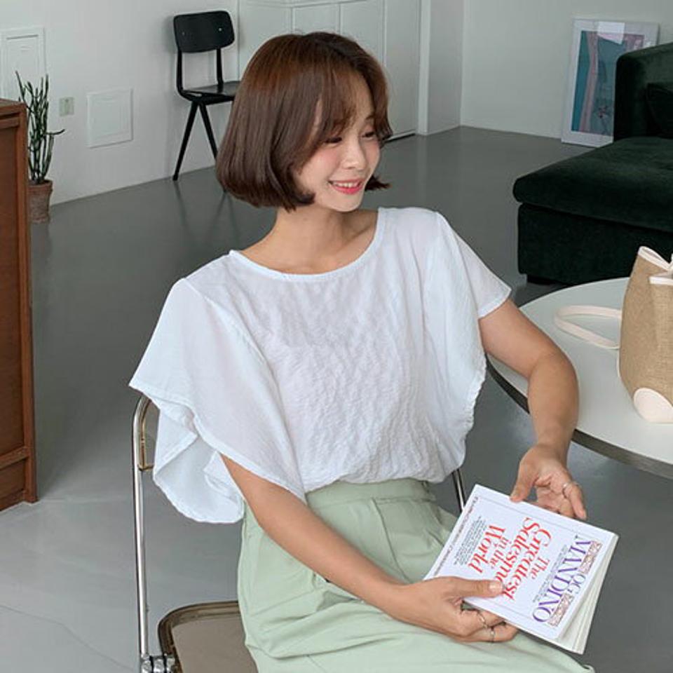 バックリボンフリルブラウス・全4色・b64243 レディース 【bl】 韓国 ファッション トップス ブラウス ラウンドネック クルーネック フリルスリーブ 半袖 ショートスリーブ 無地 体型カバー 二の腕カバー 無地 シアー カジュアル 夏