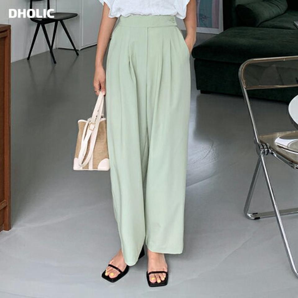 ボタンワイドスラックス・全3色・t64258 レディース 【pt】 韓国 ファッション ボトムス パンツ スラックス ロング丈 10分丈 十分丈 ワイド ストレート ハイウエスト 体型カバー 美脚 脚長効果 着痩せ 無地 ツータック 大人 オフィス カジュアル 夏