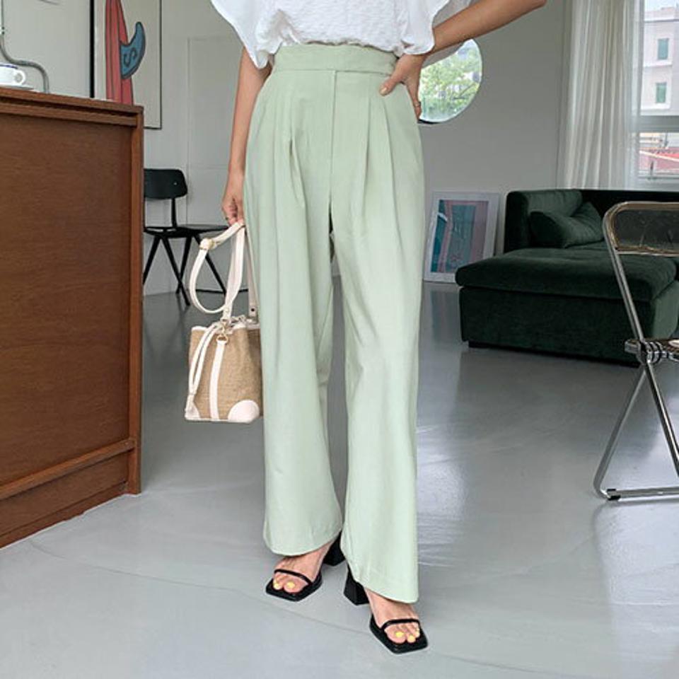 ボタンワイドスラックス・全3色・t64258 レディース 【pt】 韓国 ファッション ボトムス パンツ スラックス ロング丈 10分丈 十分丈 ワイド ストレート ハイウエスト 体型カバー 美脚 脚長効果 着痩せ 無地 ツータック 大人 オフィス カジュアル 夏
