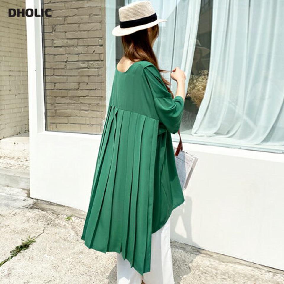 バックプリーツロングブラウス・全3色・b69324 レディース 【bl】トップス ブラウス ロング丈 プリーツ バックシャン ユニーク シンプル 可愛い かわいい 半端丈 七分丈 七分袖 7分丈 7分袖 春 夏 韓国 ファッション ハイホリHIHOLLI