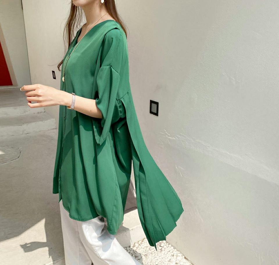 バックプリーツロングブラウス・全3色・b69324 レディース 【bl】トップス ブラウス ロング丈 プリーツ バックシャン ユニーク シンプル 可愛い かわいい 半端丈 七分丈 七分袖 7分丈 7分袖 春 夏 韓国 ファッション ハイホリHIHOLLI