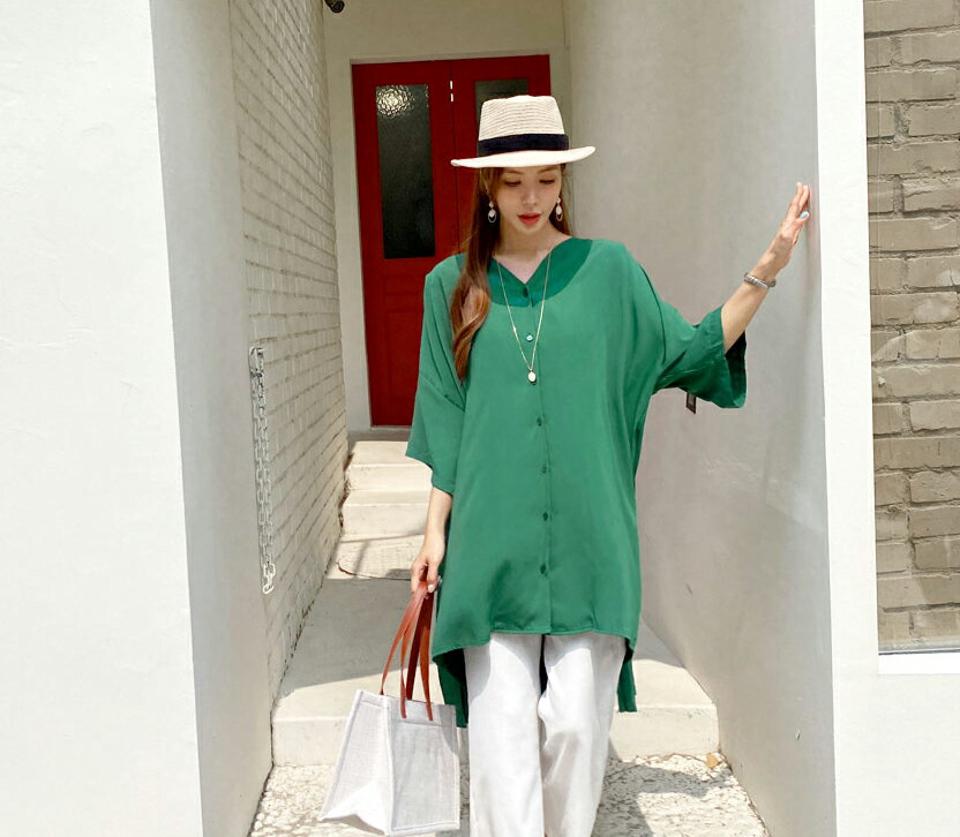 バックプリーツロングブラウス・全3色・b69324 レディース 【bl】トップス ブラウス ロング丈 プリーツ バックシャン ユニーク シンプル 可愛い かわいい 半端丈 七分丈 七分袖 7分丈 7分袖 春 夏 韓国 ファッション ハイホリHIHOLLI