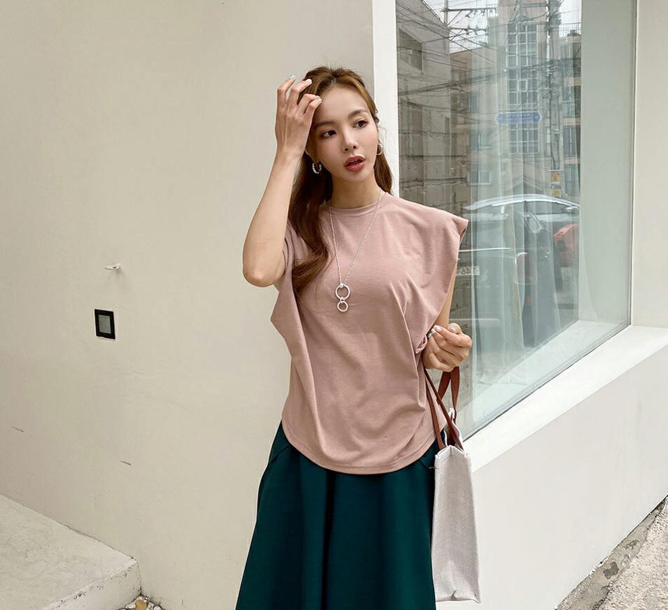 ラウンドギャザーTシャツ・全5色・t69287 レディース 【tops】トップス Tシャツ ギャザー フレンチスリーブ ショートスリーブ 単色 無地 シンプル ベーシック カジュアル ラフ 春 夏 韓国 ファッション ハイホリHIHOLLI