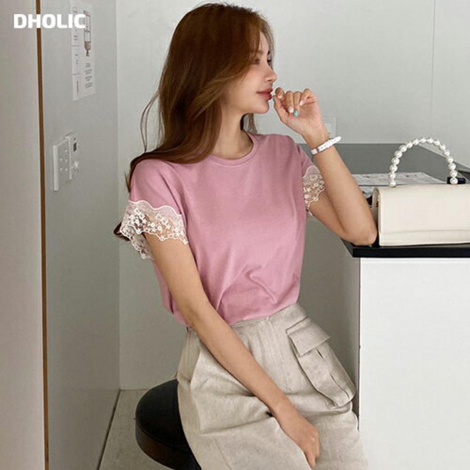 ウェーブレース配色Tシャツ・全4色・b69288 レディース 【tops】トップス Tシャツ 配色 レース 半袖 透け感 シアー ウェーブ 可愛い かわいい 春 夏 韓国 ファッション ハイホリHIHOLLI