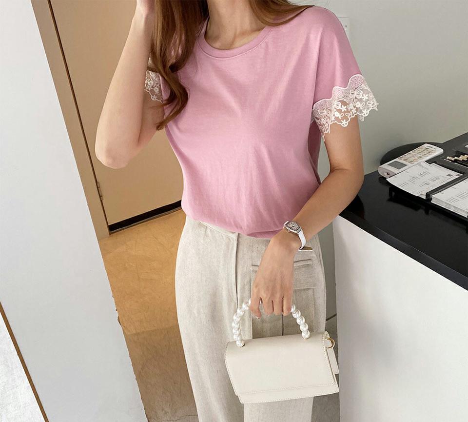 ウェーブレース配色Tシャツ・全4色・b69288 レディース 【tops】トップス Tシャツ 配色 レース 半袖 透け感 シアー ウェーブ 可愛い かわいい 春 夏 韓国 ファッション ハイホリHIHOLLI