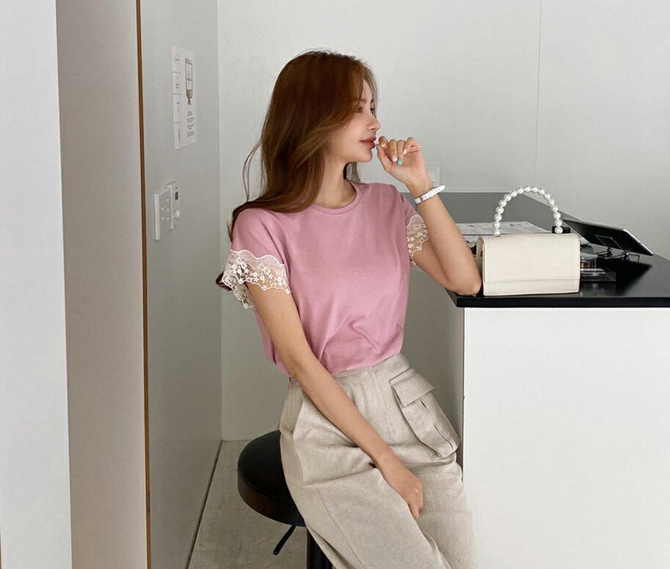 ウェーブレース配色Tシャツ・全4色・b69288 レディース 【tops】トップス Tシャツ 配色 レース 半袖 透け感 シアー ウェーブ 可愛い かわいい 春 夏 韓国 ファッション ハイホリHIHOLLI