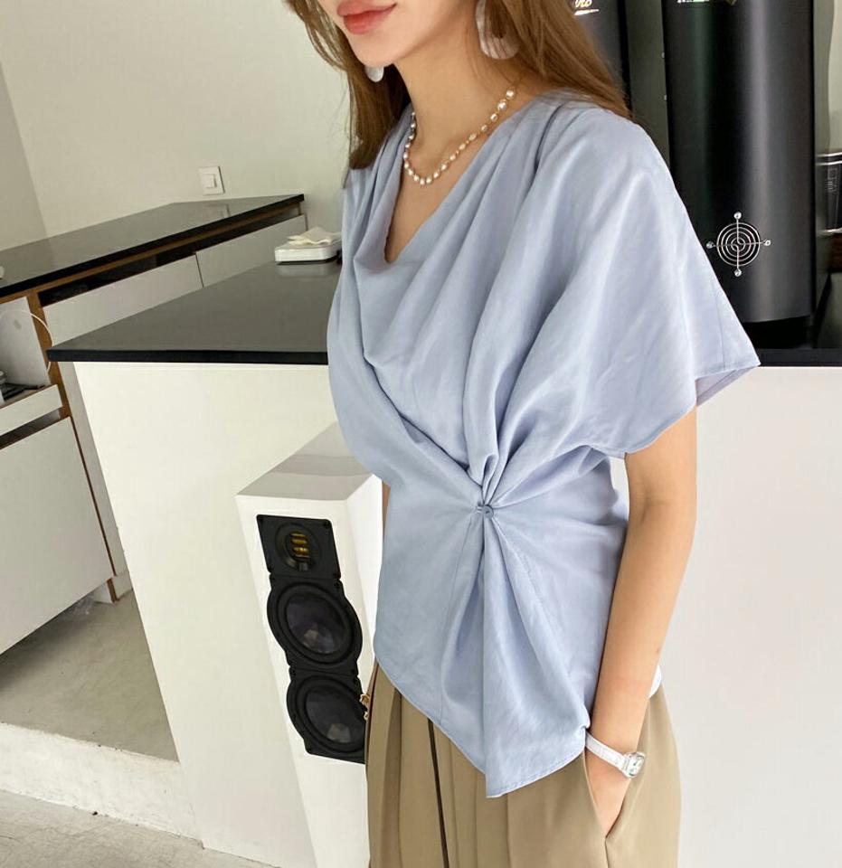 2WAYギャザーブラウス・全3色・t69321 レディース 【bl】トップス ブラウス ギャザー 半袖 ナチュラル リネン 単色 フェミニン 大人 可愛い かわいい ドレープ 春 夏 韓国 ファッション ハイホリHIHOLLI