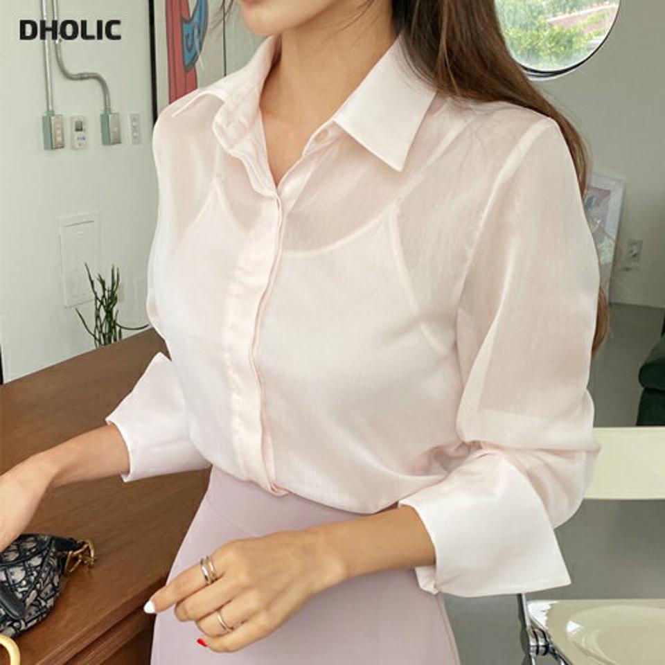 カラーワイドカフスブラウス・全3色・b64208 レディース 【bl】 韓国 ファッション トップス ブラウス シャツブラウス カラー 襟 長袖 シースルー シアー 透ける 透け感 光沢 シルキー ボタン 前開 無地 カジュアル 夏