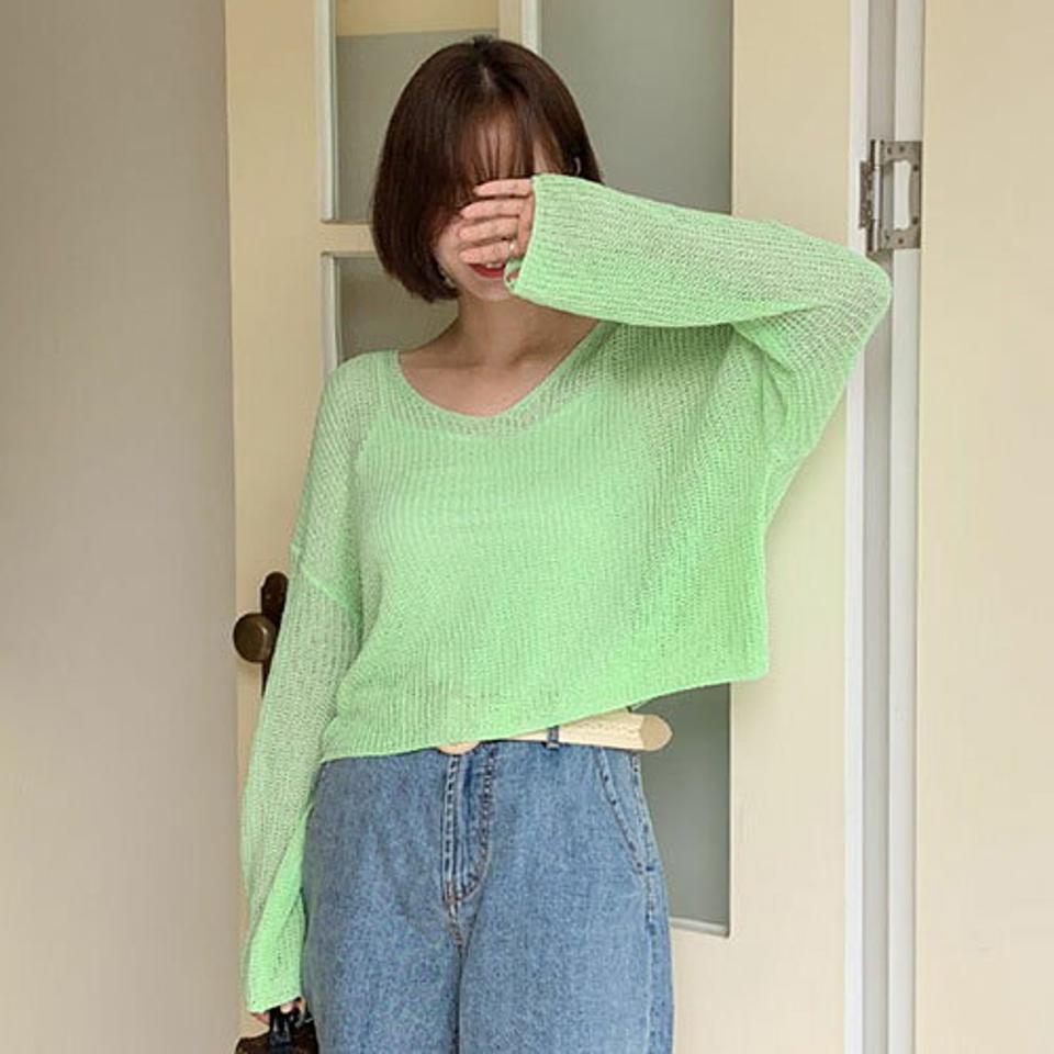 Vネックルーズニット・全7色・t64209 レディース 【tops】 韓国 ファッション トップス ニット サマーニット シアーニット シースルー 薄手 Vネック 無地 長袖 ロングスリーブ ドロップショルダー ルーズ 体型カバー ざっくりニット カジュアル 夏