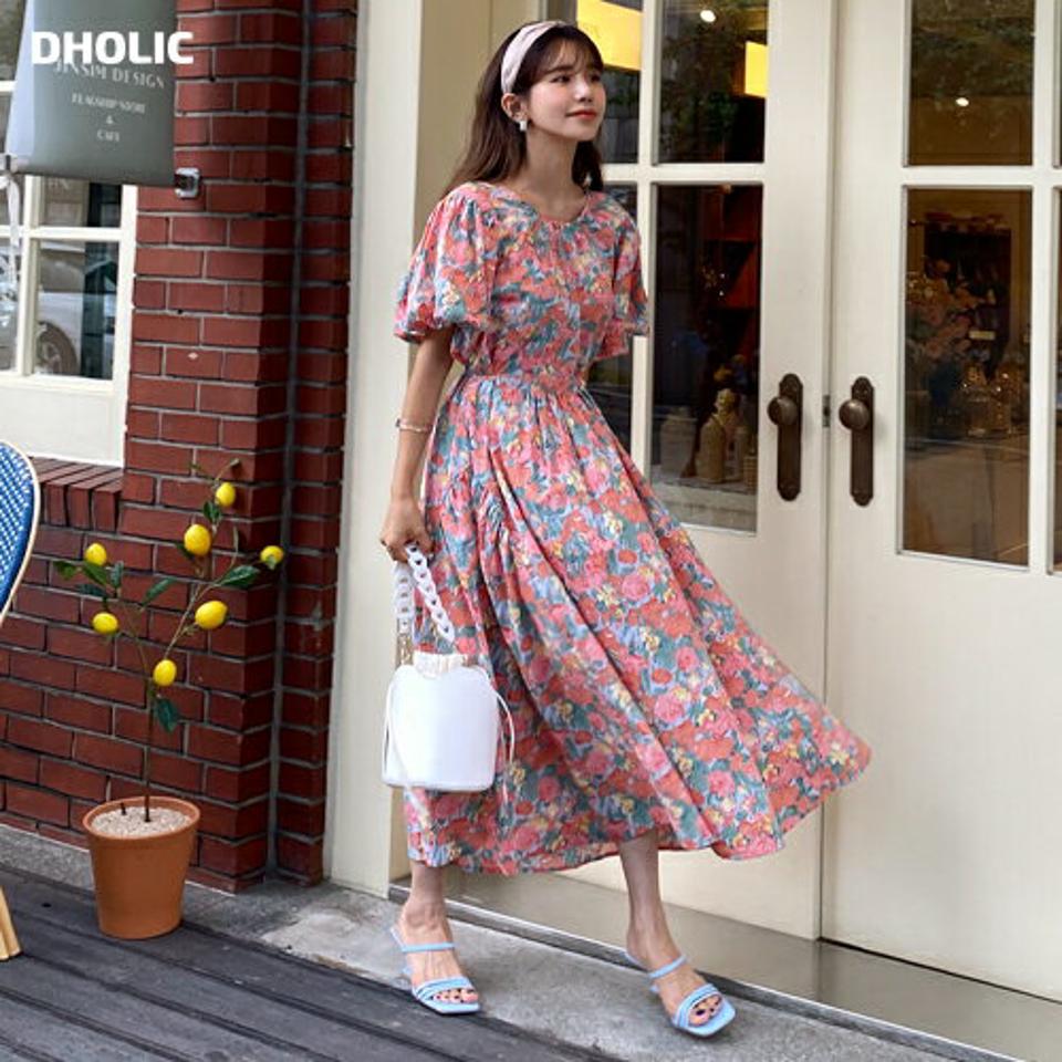 花柄バルーンスリーブワンピース・全2色・b64249 レディース 【ops】 韓国 ファッション ワンピース ロングワンピース ロング丈 フレア Aライン 半袖 ハーフスリーブ パフスリーブ ボリューム袖 ぼわん袖 花柄 きれいめ 上品 カジュアル 夏