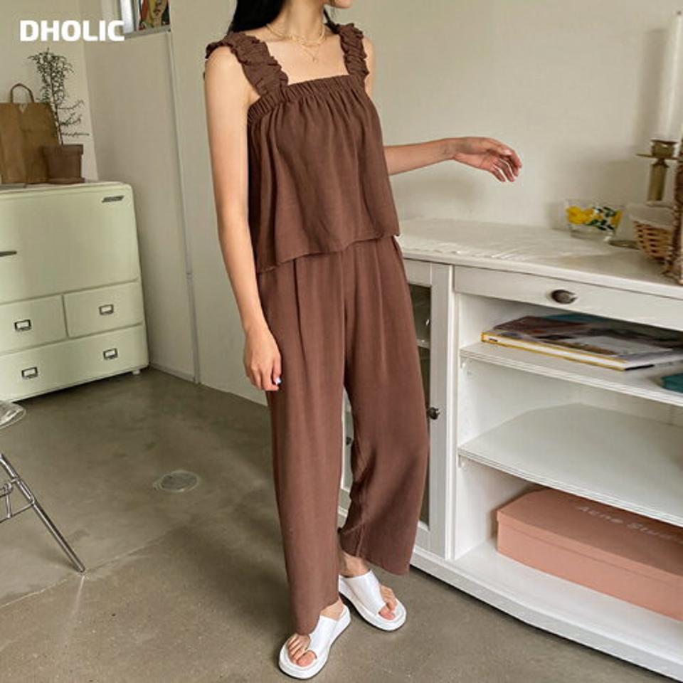 リネン混フリルスリーブレス&パンツSET・全5色・t00270 レディース 【pt】韓国 ファッション ボトムス パンツ ロング ロングパンツ セットアップ スリーブレス リネン カジュアル ストレート スリム 体型カーバー 10分丈 ハイウエスト 春 夏 NIJU