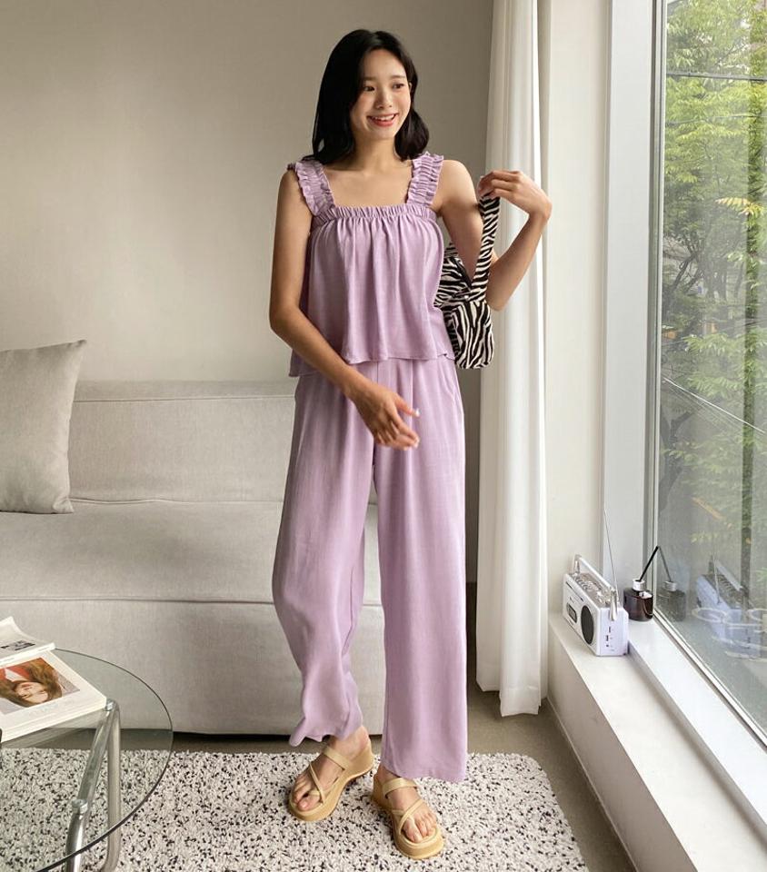 リネン混フリルスリーブレス&パンツSET・全5色・t00270 レディース 【pt】韓国 ファッション ボトムス パンツ ロング ロングパンツ セットアップ スリーブレス リネン カジュアル ストレート スリム 体型カーバー 10分丈 ハイウエスト 春 夏 NIJU