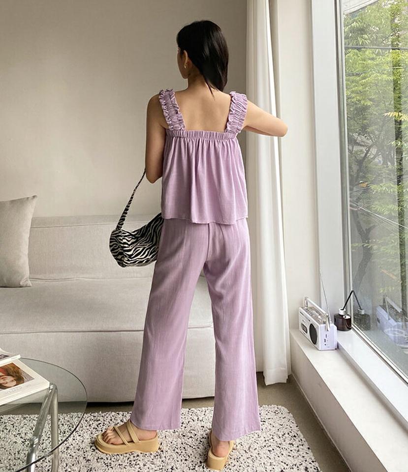 リネン混フリルスリーブレス&パンツSET・全5色・t00270 レディース 【pt】韓国 ファッション ボトムス パンツ ロング ロングパンツ セットアップ スリーブレス リネン カジュアル ストレート スリム 体型カーバー 10分丈 ハイウエスト 春 夏 NIJU