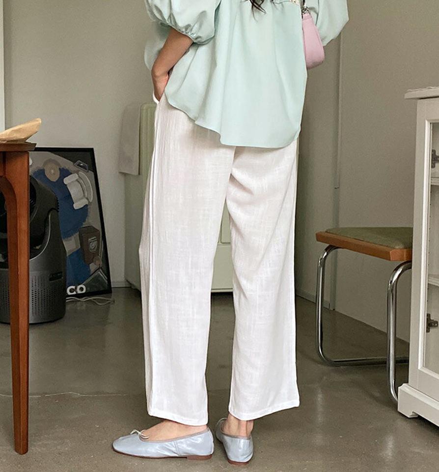 リネン混パンツ・全5色・t00254 レディース 【pt】韓国 ファッション ボトムス パンツ ロング ロングパンツ リネン カジュアル ストレート スリム 細身 体型カーバー 10分丈 十分丈 ハイウエスト 足長 春 夏 NIJU