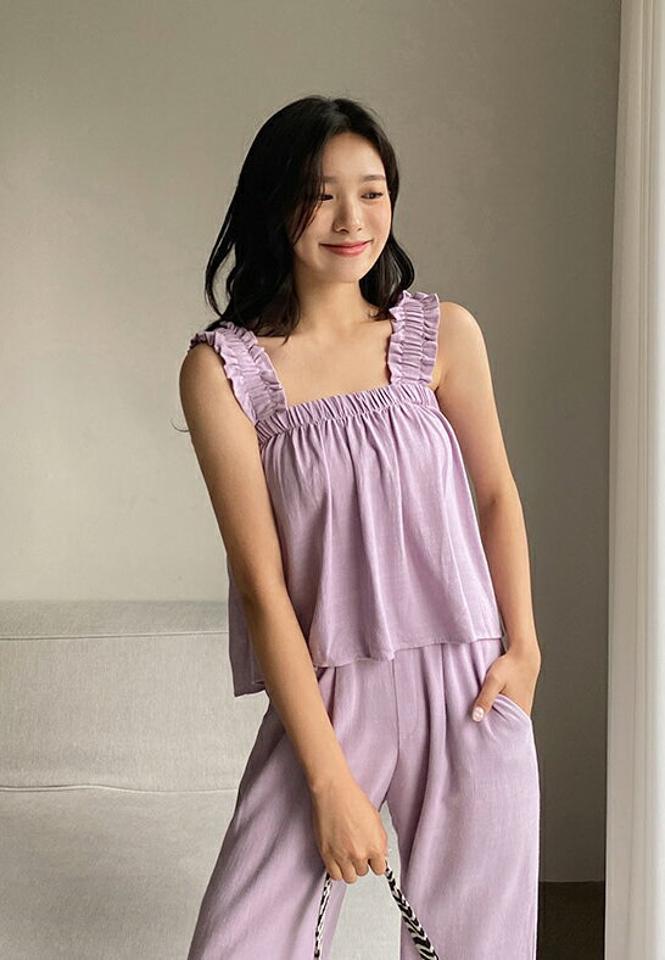 リネン混フリルスリーブレス・全5色・t00253 レディース 【tops】韓国 ファッション トップス スリーブレス ノースリーブ スリム ベーシック リネン ゴム フリル 体型カーバー 細身 ガーリー かわいい 春 夏 NIJU