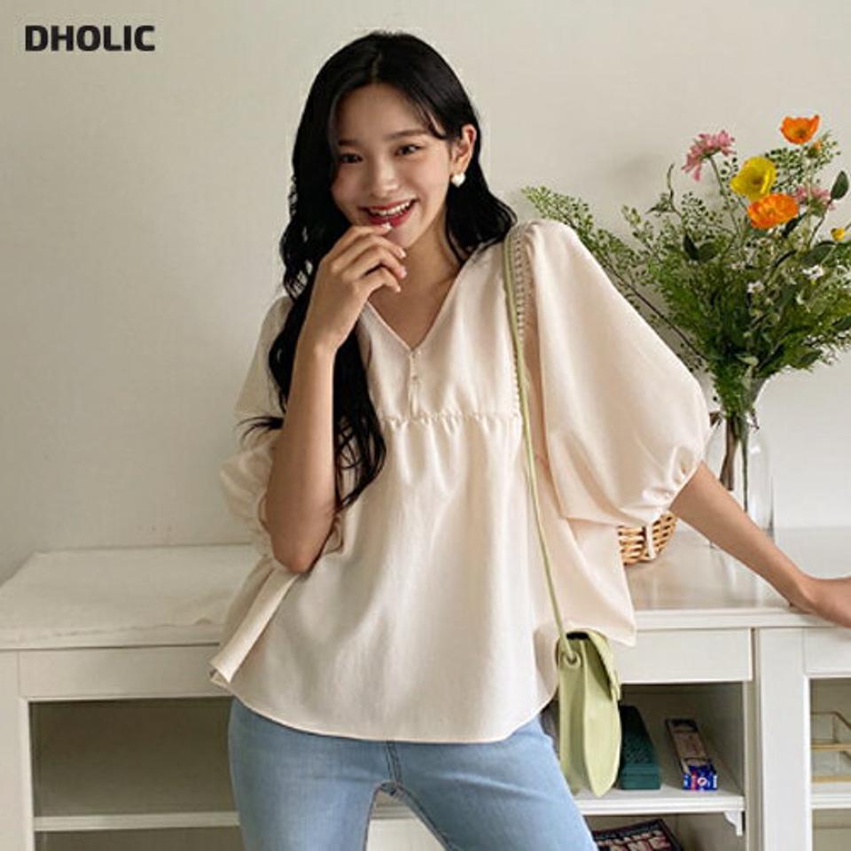 【タイム特価】Vネックレースパフブラウス・全4色・e00245 レディース 【bl】お腹カバー 韓国ファッション トップス ブラウス 半袖 アンバランス Vネック 7分丈 パフスリーブ ルーズ ゆったり 細身 シンプル レース 二の腕カバー 春 夏 NIJU 【TS】セール