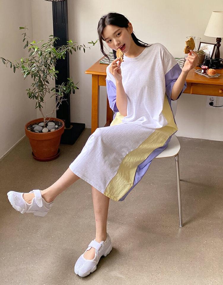 ラウンドネック配色ワンピース・全2色・t00269 レディース 【ops】韓国 ファッション ワンピース ロング ロングワンピース 半袖 ラウンドネック 配色 Hライン メリハリ 細身 体型カバー カジュアル 春 夏 NIJU